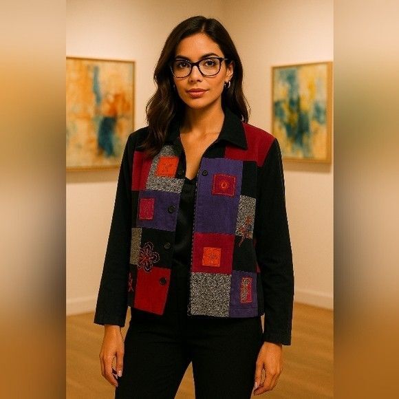 Koret Patchwork Embroidered Jacket Sz L Black Multicolor Artsy Boho Style - Picture 1 of 8